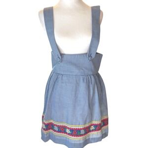 Vintage Saks Fifth Avenue Blue Gingham Dirndl Dress Floral Trim Rick Rack Trim